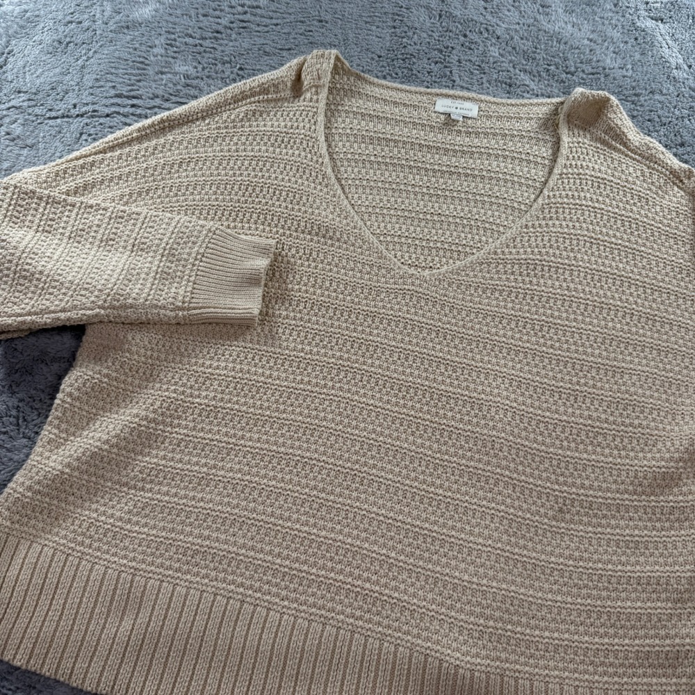 Lucky Brand Womens XL Beige V-Neck Textured Knit Cotton Blend Sweater Oatmeal